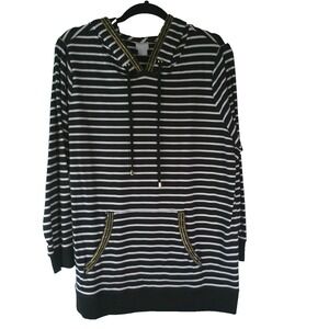 Chico's Zenergy Black/Wht Striped w Gold Chain Details Sweatshirt Womens Size 2